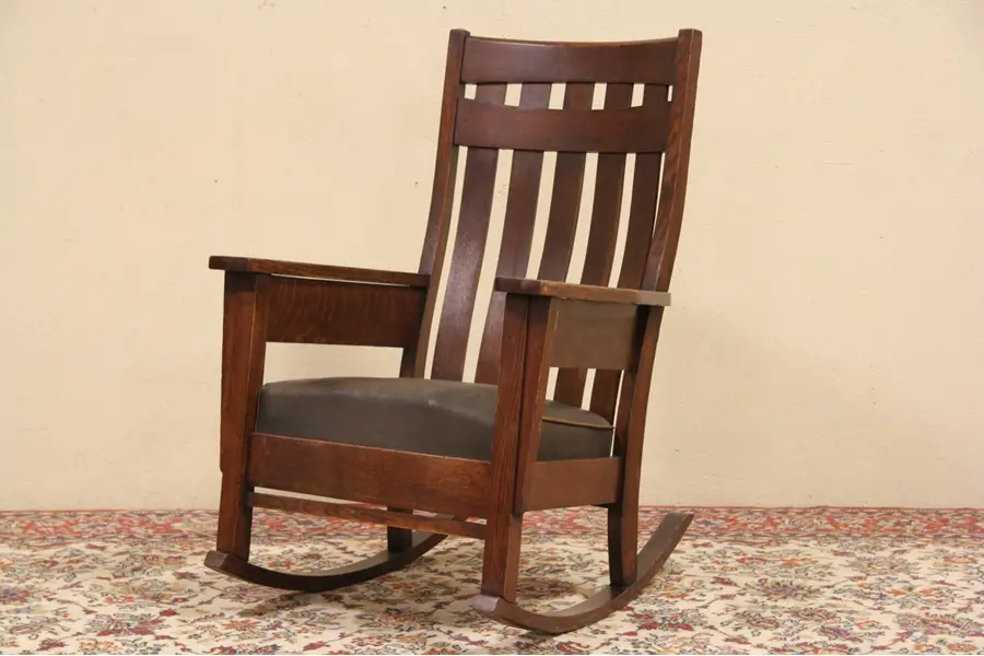 Photo of Phoenix Arts & Crafts Mission Oak Rocker, Leather Seat