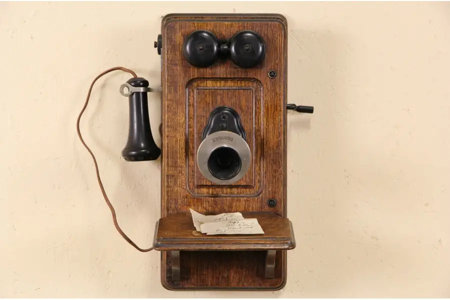 Photo of Kellogg of Chicago Oak Antique Wall Phone with Generator, Pat'd 1901