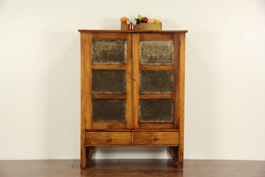 Photo of Country Pine 1870 Antique Pie Safe Cupboard, Punched Tin