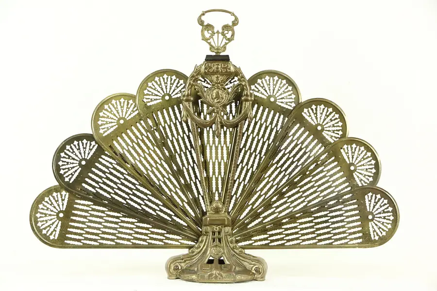 Photo of Peacock Fan Brass Vintage Folding Fireplace Hearth Screen