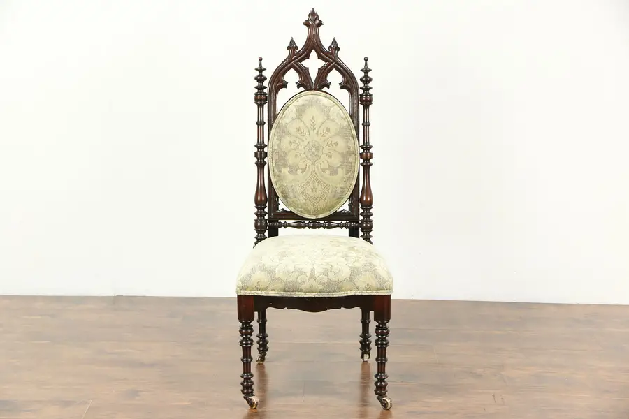 Photo of Victorian Gothic 1850 Antique Carved Walnut Chair, New Upholstery