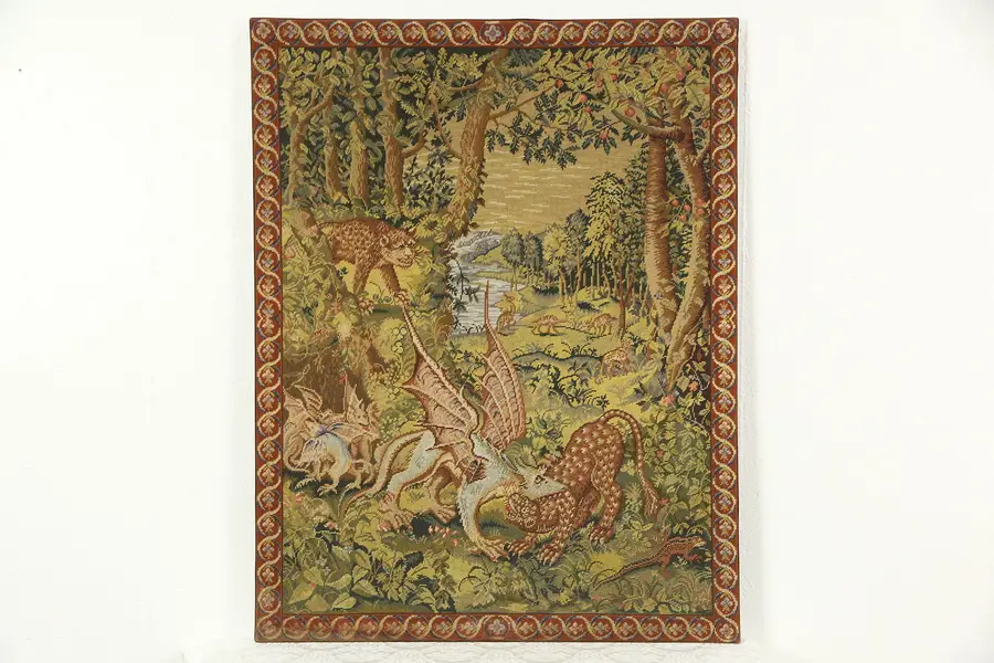 Photo of Needlepoint Vintage Tapestry, Leopards & Dragons, Belgium