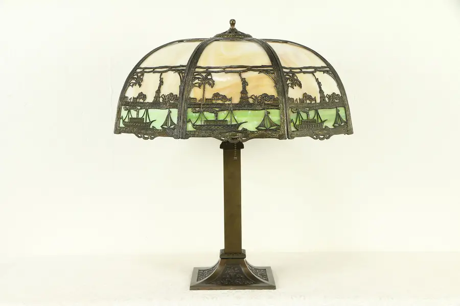 Photo of Stained Glass New York Harbor Statue of Liberty Panel Shade Antique Lamp