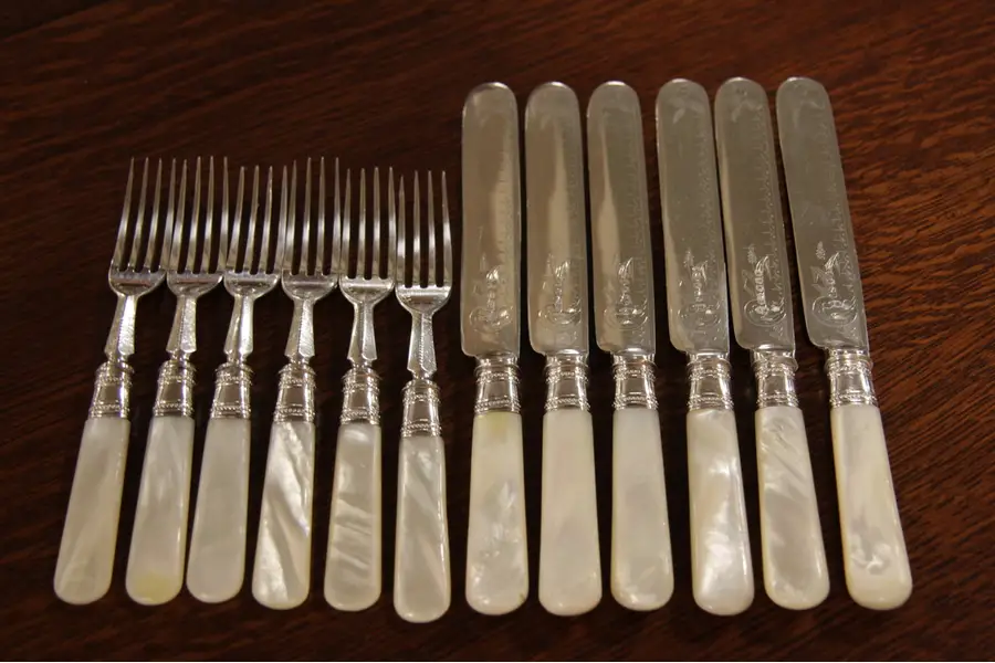 Photo of Set of Victorian Silver Pearl Handle Knives, Forks