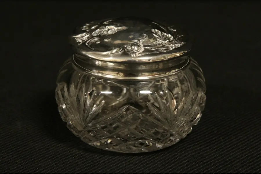 Photo of Art Nouveau Antique 1900 Sterling Silver Poppies & Cut Glass Boudoir Jar