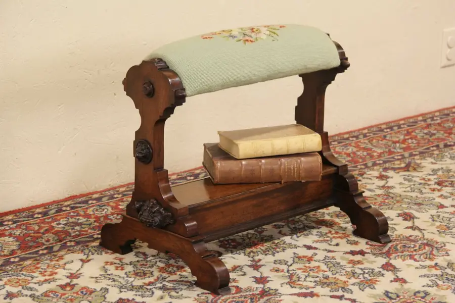 Photo of Victorian 1880 Carved Walnut Footstool or Gout Stool, Needlepoint Upholstery