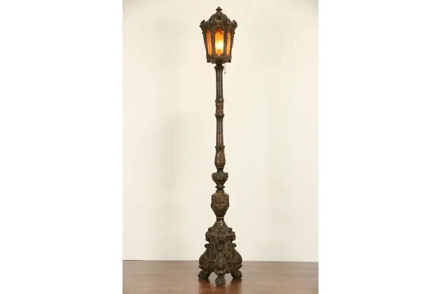 Photo of Floor Post Lantern with Hand Painted Angels, 1915 Antique Lamp