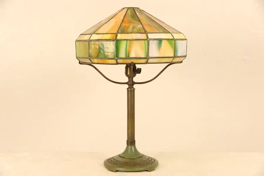 Photo of Bradley & Hubbard Signed 1915 Antique Lamp, Stained Leaded Glass Shade