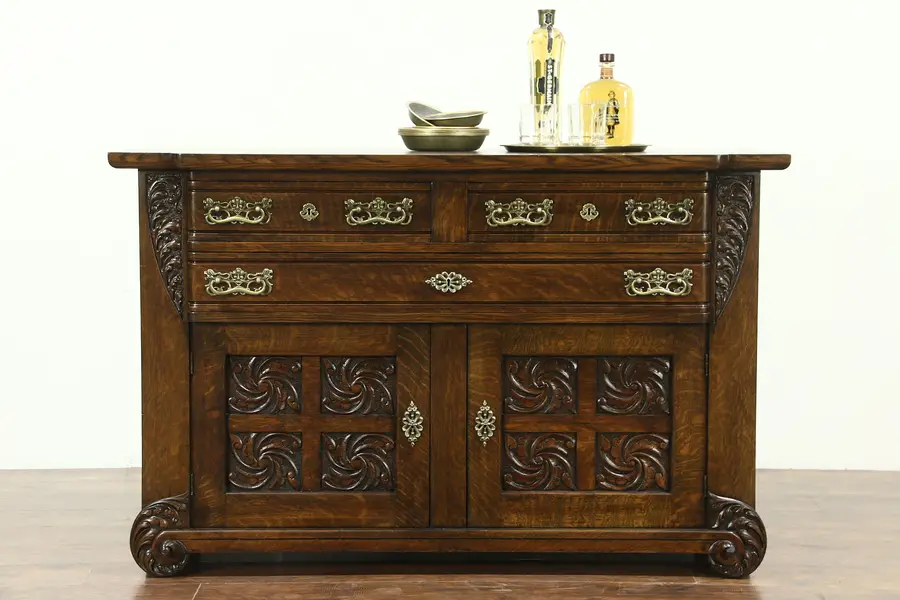 Photo of Oak Carved Antique Sideboard, Server or Buffet, Original Brasses