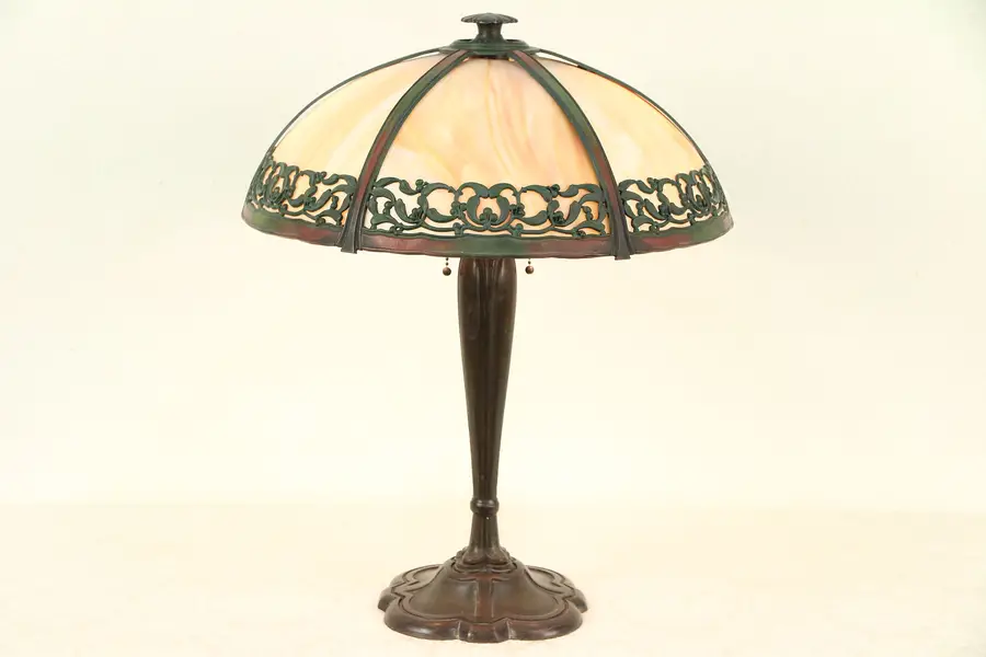 Photo of Lamp Antique Etched Curved Stained Glass 6 Panel Shade