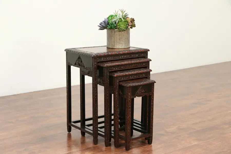Photo of Chinese Set of 4 Antique Hand Carved Walnut Nesting Tables
