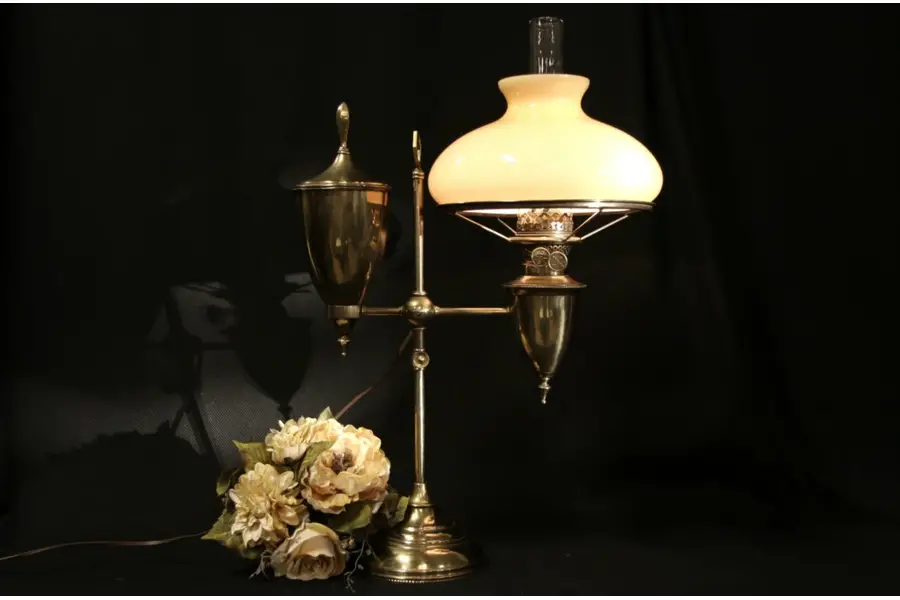 Photo of Brass 1880 Antique Student Desk Oil Lamp, Electrified
