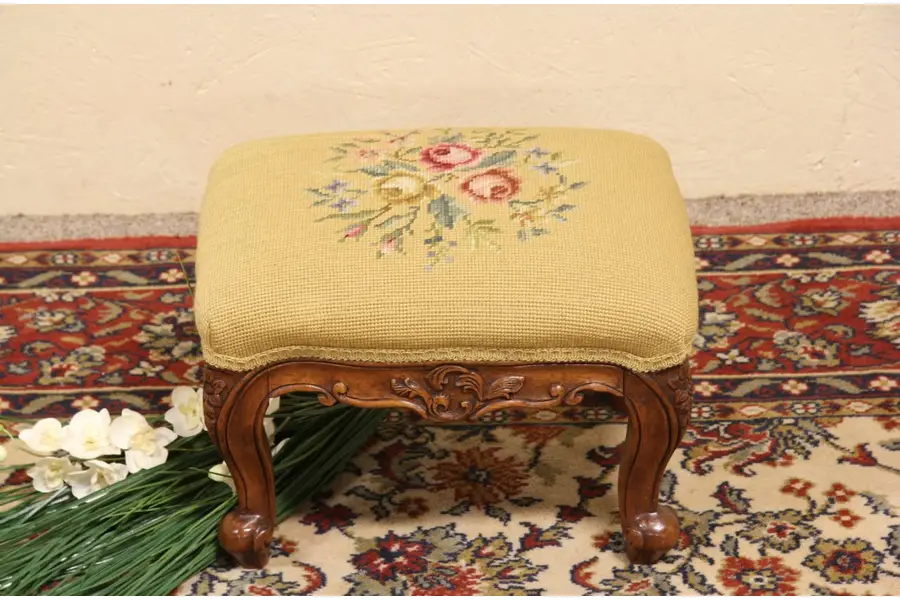 Photo of Needlepoint Carved Footstool 1920's