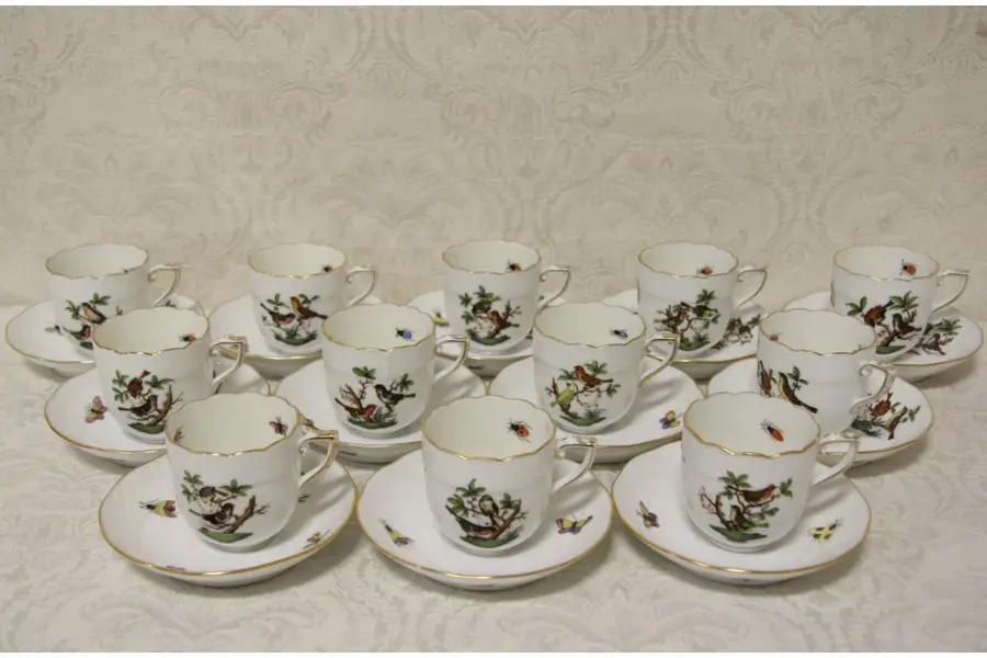 Photo of Herend Rothschild Bird Set of 12 After Dinner Demitasse Cups & Saucers