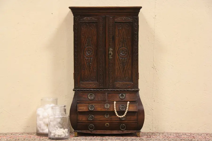 Photo of Carved Oak 1890 French Antique Collector Cabinet or Jewelry Chest