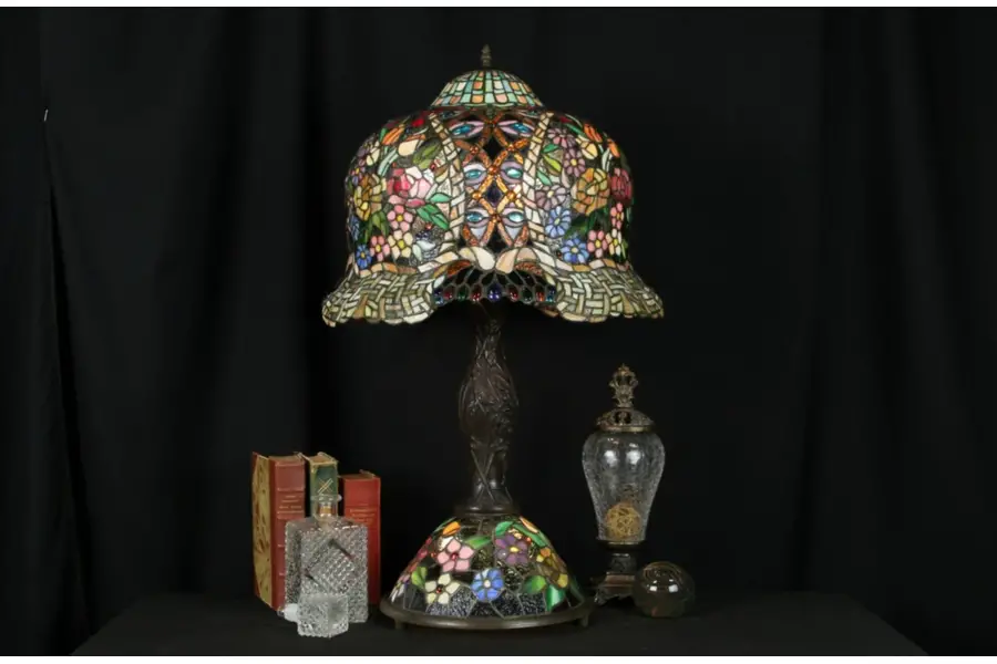 Photo of Tiffany Style Vintage Bronze & Stained Glass Lamp, Jewels, Lighted Base
