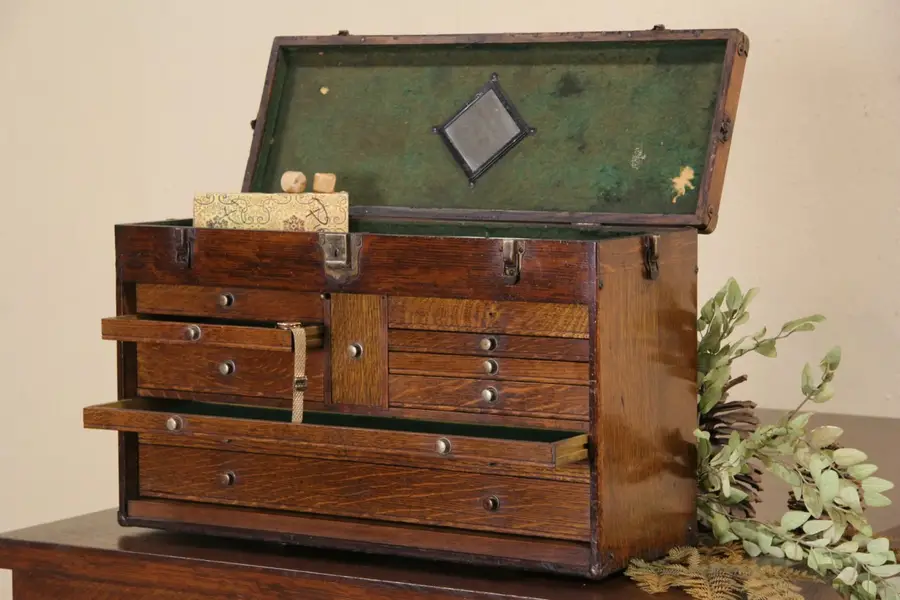 Photo of Machinist Oak 1920's Tool Chest, Collector or Jewelry Box, Signed Gerstner