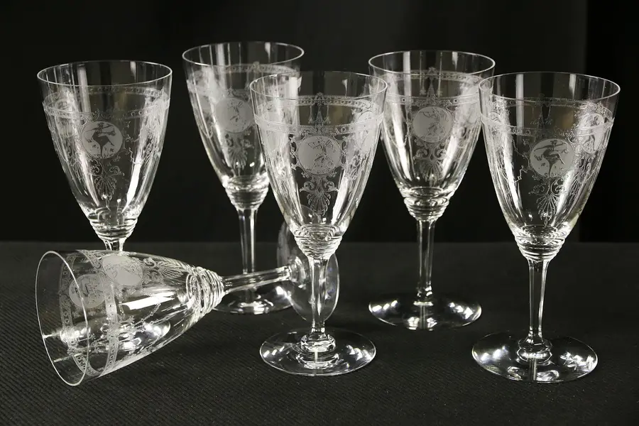 Photo of Heisey Pied Piper 1927 Footed Etched Glass Set of 6 Goblets