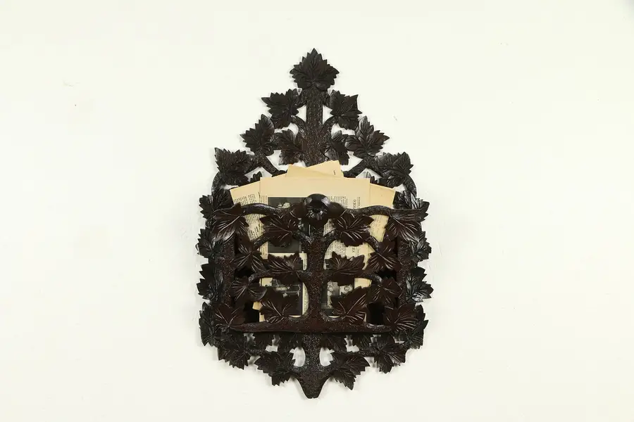 Photo of Victorian Folk Art Carved Walnut Wall Pocket, Magazine Rack