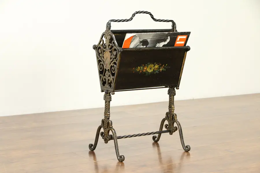 Photo of Wrought Iron Antique Magazine Rack or Music Caddy, Hand Painted