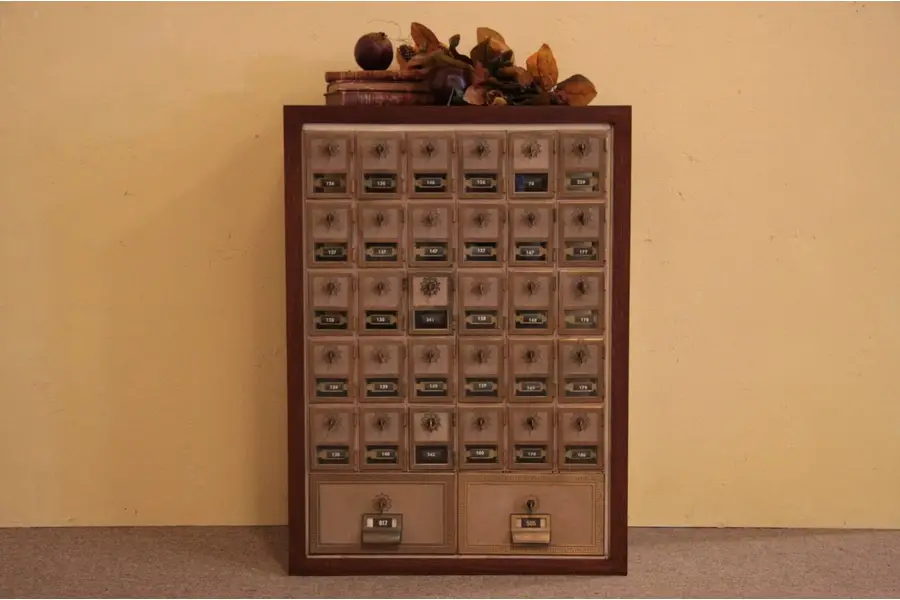 Photo of 32 Postal Mailboxes, Brass & Oak