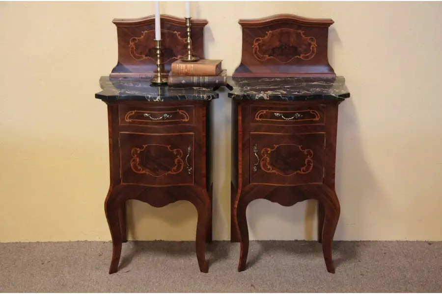 Photo of Pair of Rosewood Marquetry Nightstands, Marble Tops