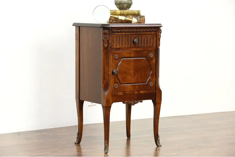 Photo of Chairside Table & Copper Lined Tobacco Humidor, 1920's Mahogany Antique