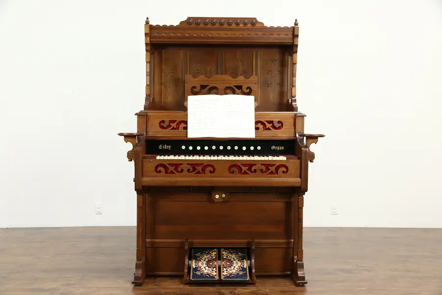 Photo of Victorian 1890 Antique Walnut Rebuilt Pump Reed Organ, Signed Estey Vermont