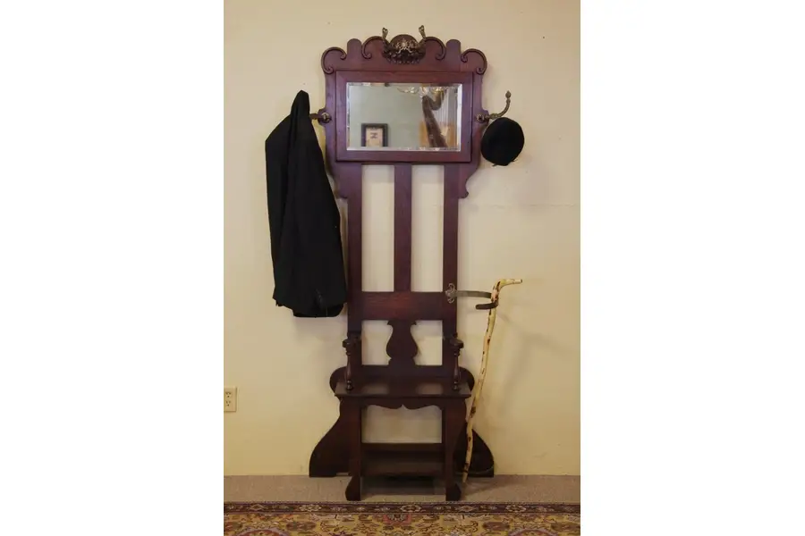 Photo of Victorian Oak Hall Stand, Mirror, Hooks, Umbrella
