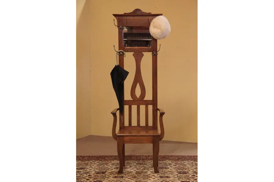 Photo of Victorian Antique Oak Hall Stand, Seat & Mirror