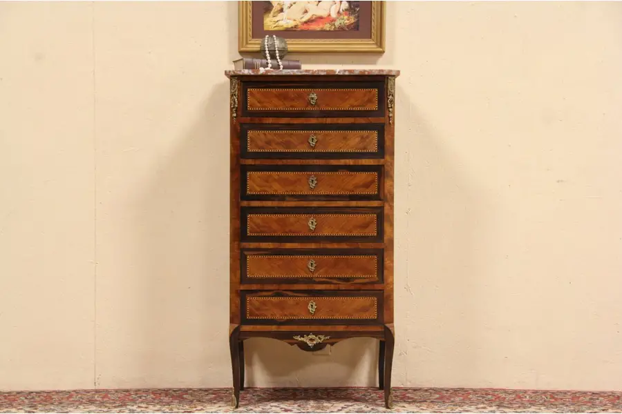 Photo of Marble Top French Marquetry 1930 Lingerie Chest