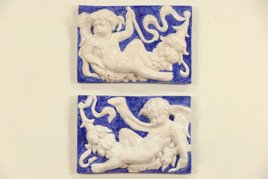 Photo of Pair of Angel, Cherub or Putti Plaques, Glazed Terra Cotta after Della Robbia