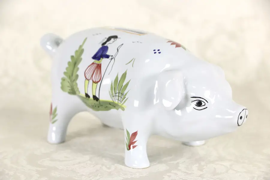 Photo of Quimper Piggy Bank, Hand Painted, Signed Brittany, France