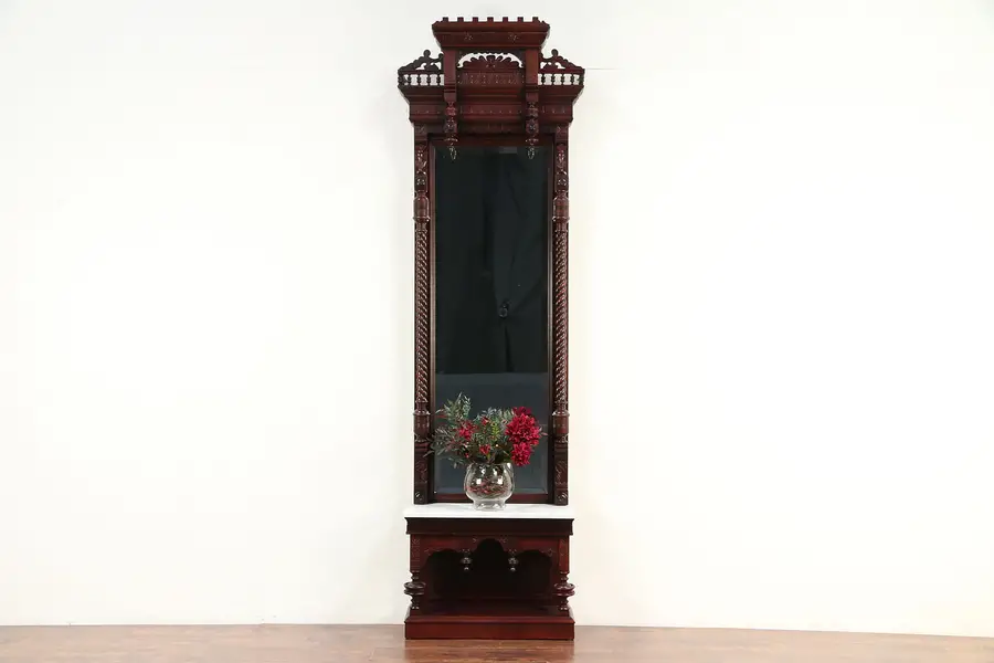 Photo of Victorian Eastlake Antique Walnut Hall or Pier Mirror, Marble Shelf