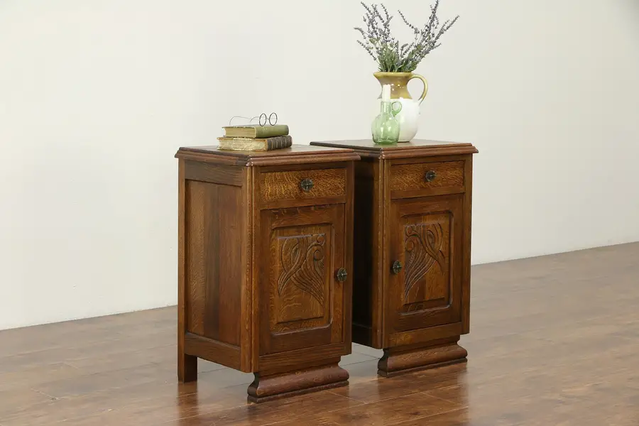 Photo of Pair of Antique 1925 French Art Deco Carved Oak Nightstands