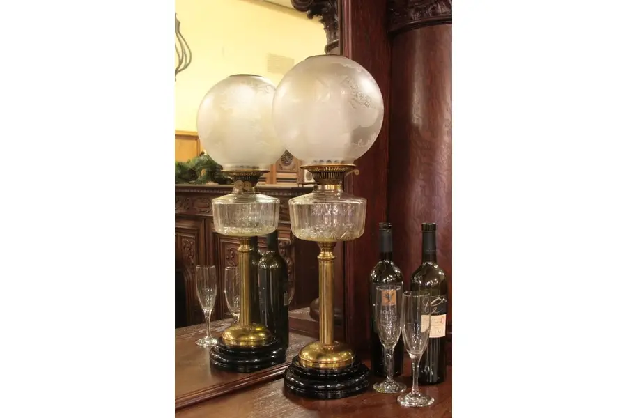 Photo of Oil Lamp, Cut Font, Antique Etched Shade