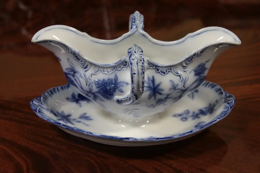 Photo of Victorian Flow Blue Villeroy Sauce or Gravy Boat