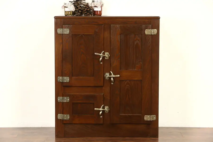 Photo of Ice Box 1900 Antique Oak, Original Brass Hardware, Signed Alaska