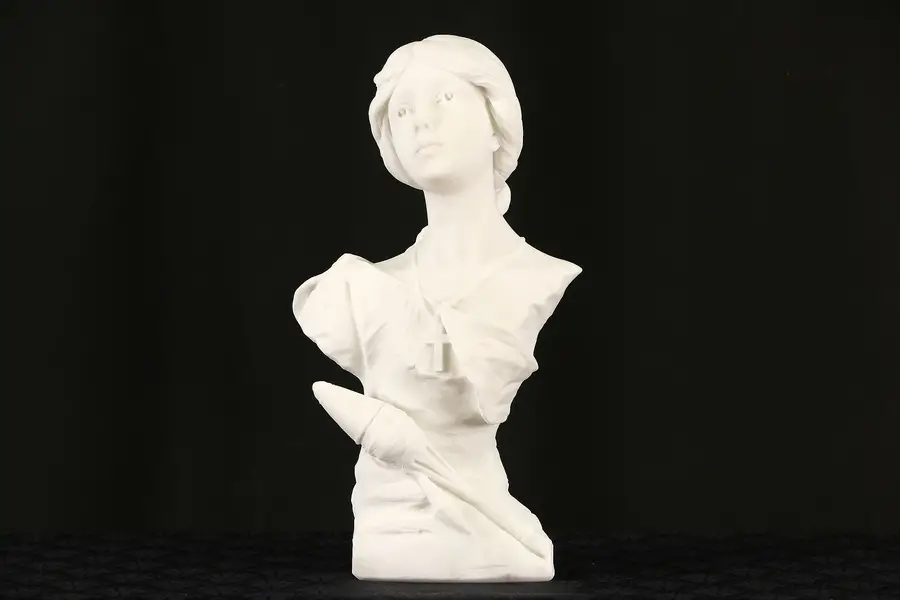 Photo of Joan of Arc, Carrara Marble 1900 Antique Sculpture, Signed Piazza