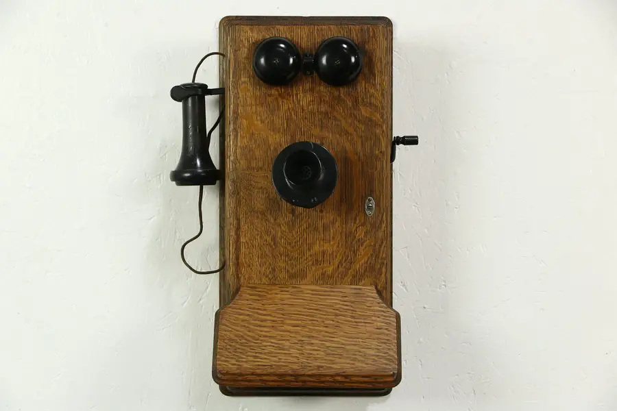 Photo of Oak 1900 Antique Wall Telephone, Crank Generator, Later Dial