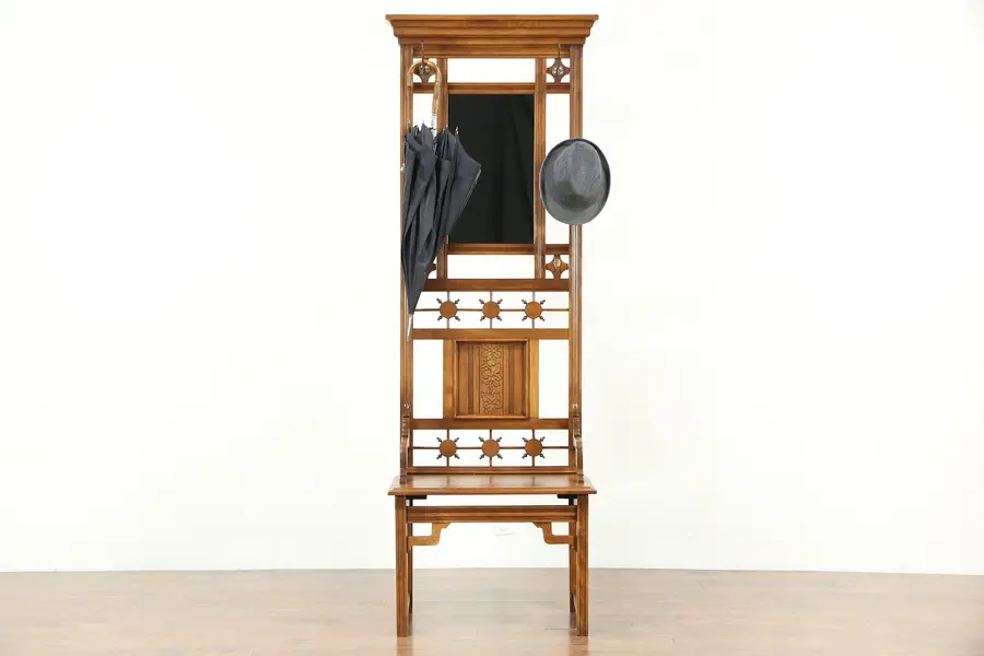 Photo of Victorian Eastlake Antique 1885 Hall Stand & Bench, Mirror & Hooks