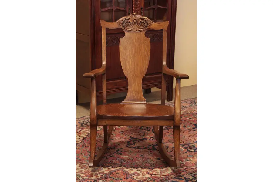 Photo of Quartersawn Carved Oak Antique Rocker, Arms