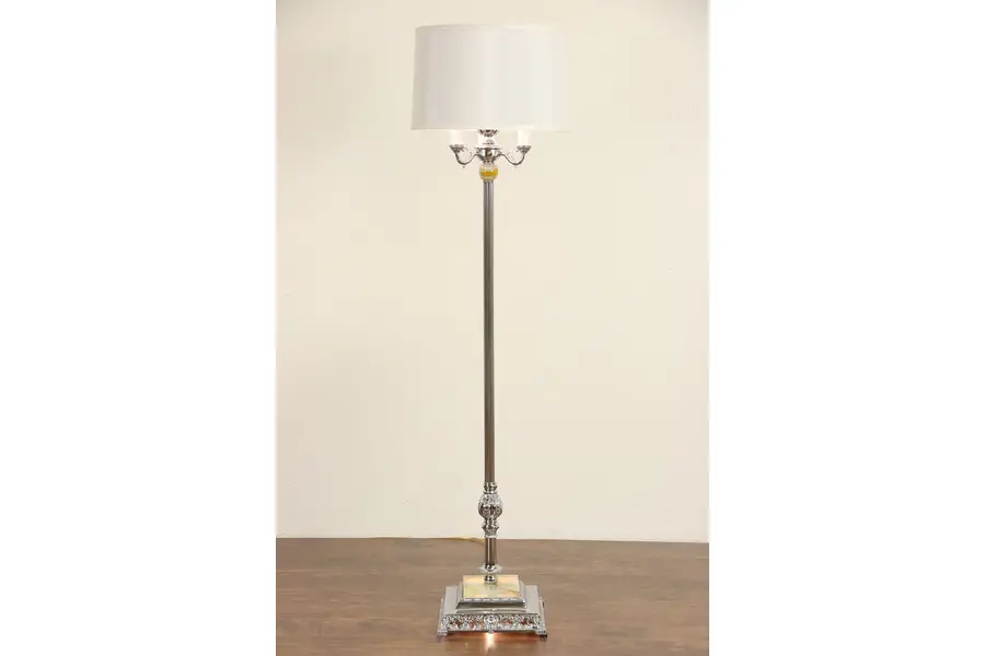 Photo of Art Deco 1940 Vintage Chrome Floor Lamp, Lighted Slag Glass Base