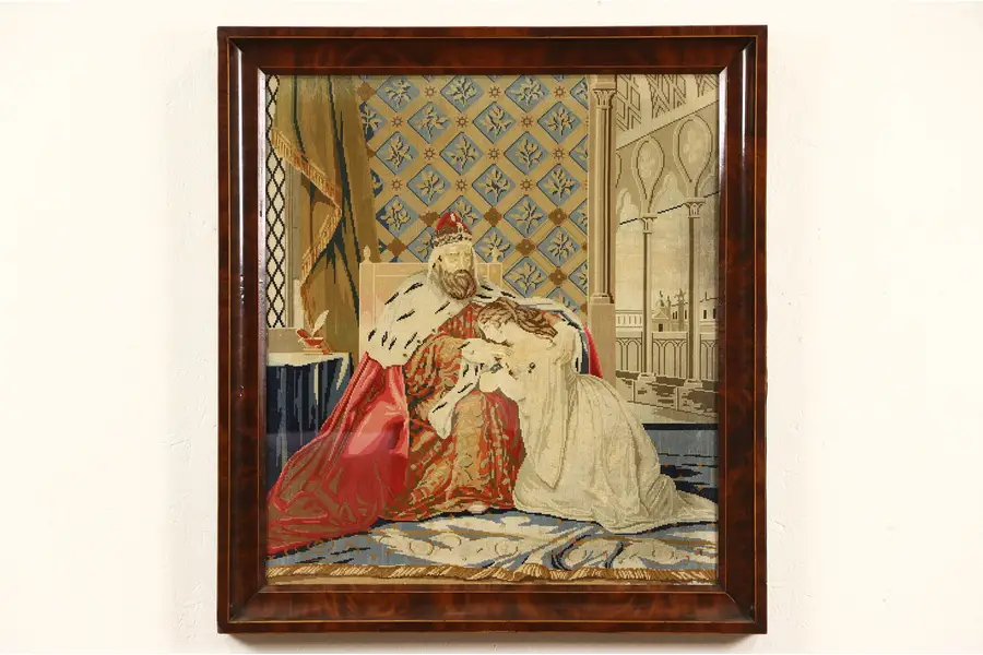 Photo of Victorian 1880's Antique Needlepoint & Petit Point Tapestry of King & Daughter