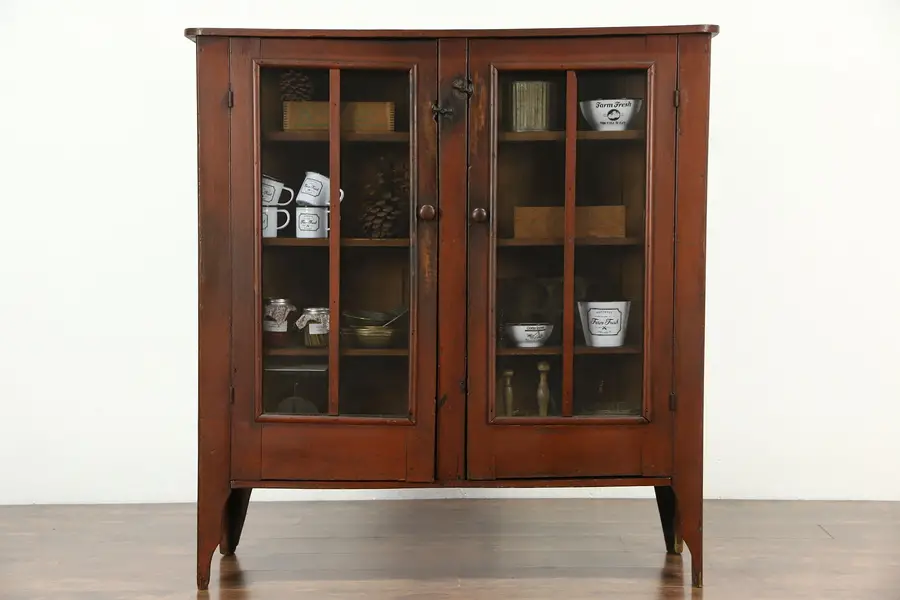 Photo of Country Pine Antique 1880 Pantry Pie Safe Cupboard, Original Red Paint