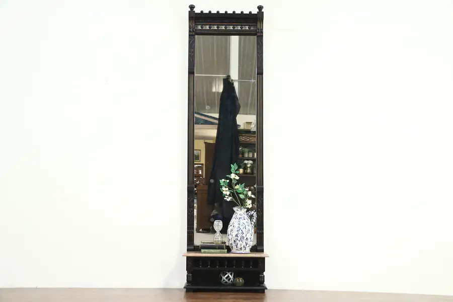 Photo of Eastlake Antique Hall Pier Mirror, Ebonized Cherry, Marble Shelf