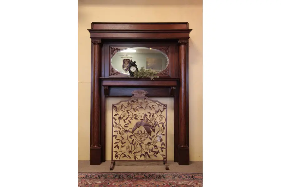 Photo of Antique Victorian Oak Fireplace Mantel, Oval Mirror