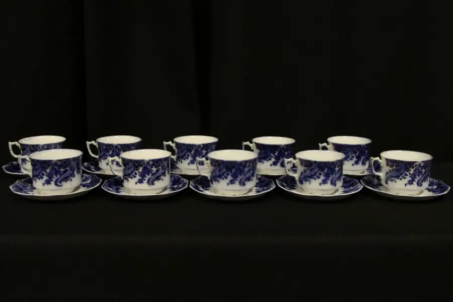 Photo of Flow Blue Set of 10 Cups and Saucers - Argyle Pattern by Grindley