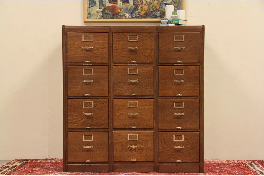 Photo of Triple Oak 12 Drawer Antique Library File Cabinet