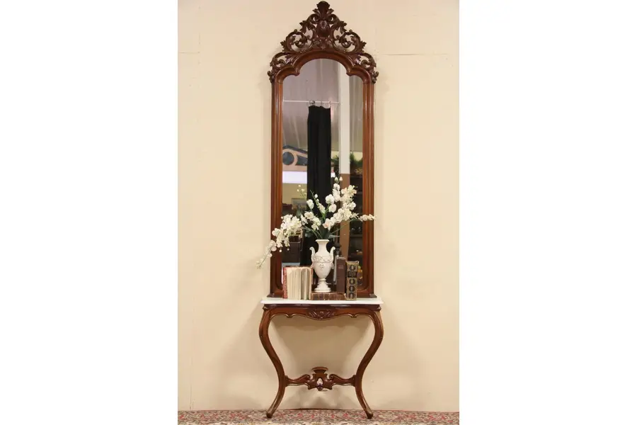 Photo of English Victorian Hall or Pier Mirror & Marble Console Table Set